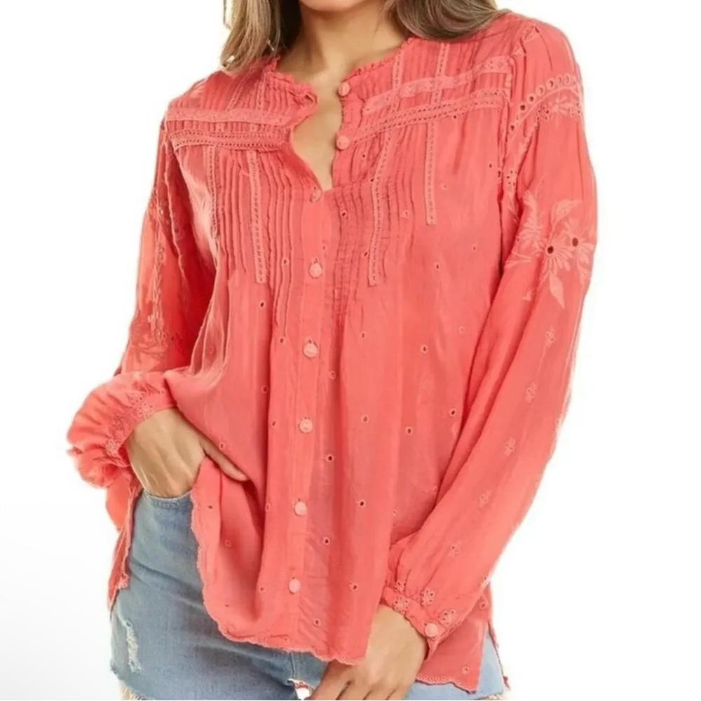 Johnny Was Womens Pink Floral Oversized Embroidered Long Sleeve Top Size Small